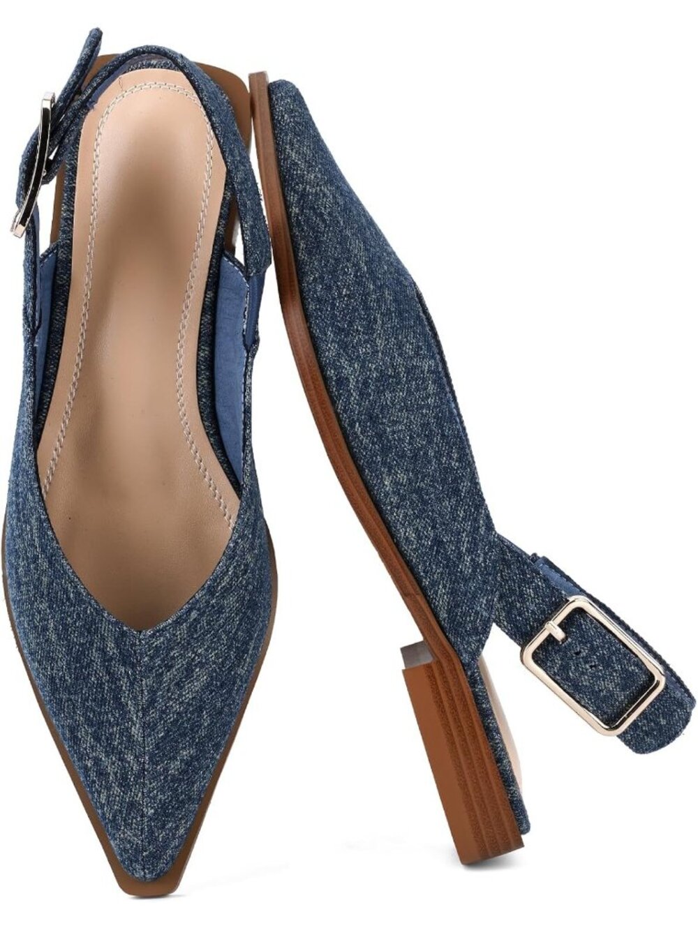 Women's Denim Blue Closed Pointed Toe Slip On Style Office Wear Flat Mules Shoes